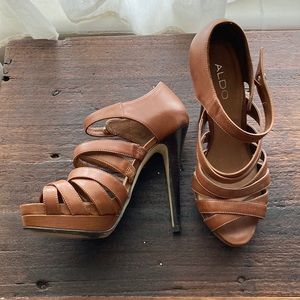 Aldo 39 Brown Leather Strappy Cage Platform High Heels Vintage Rare Classic